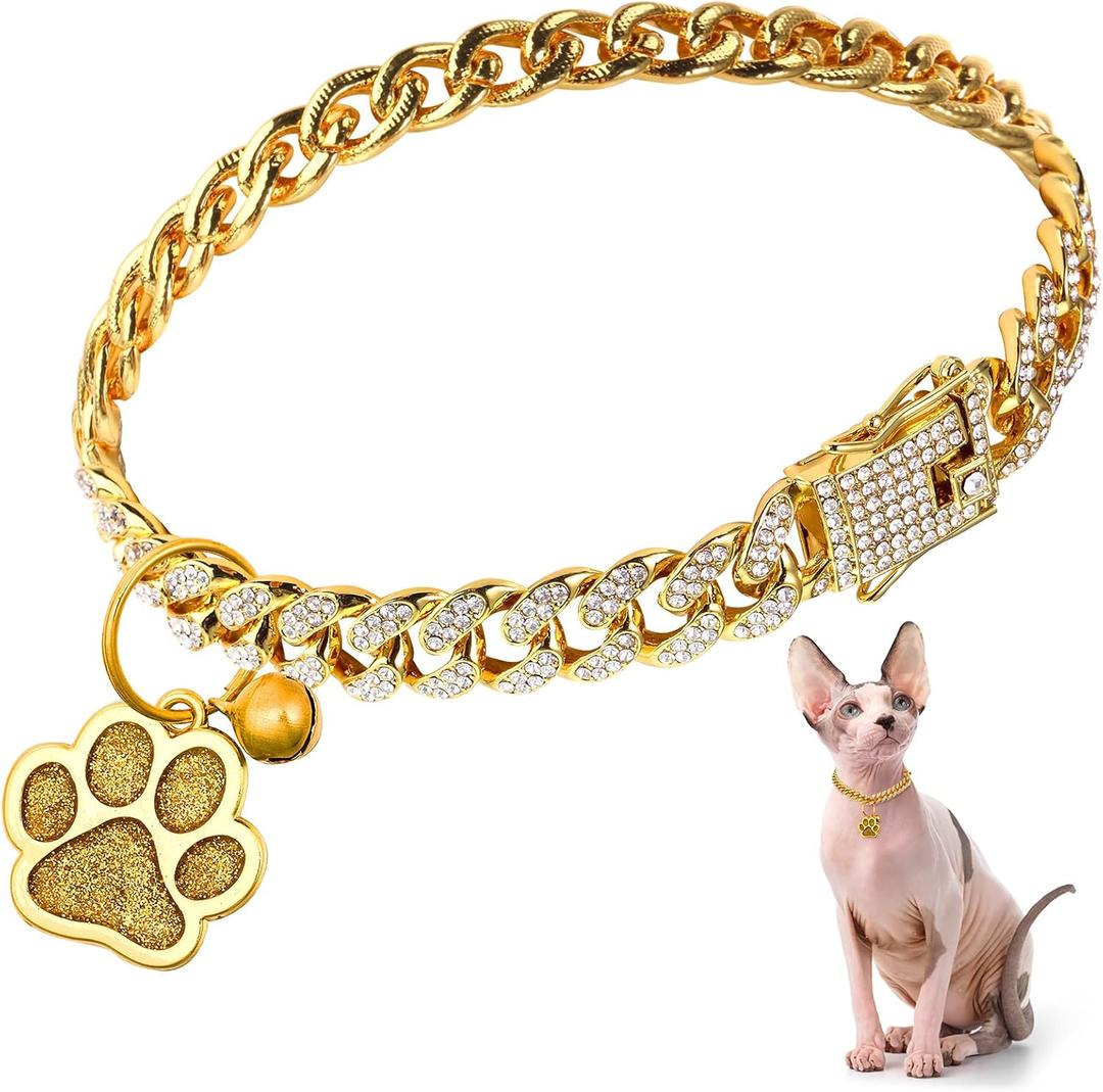 Hillban Cat Collar Diamond Chain Glitter Collar Walking Metal with Secure Buckle Cat Pet Necklace with Paw Charm and ID Tag Bell Link Cuban Jewelry Accessories(10 Inch,Gold)
