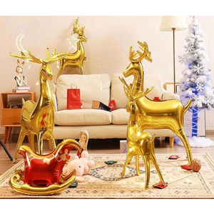 Christmas Balloons, 5 Pcs Christmas Foil Balloons Large Reindeer Balloon Santa's Sleigh Mylar Balloons for Holiday, 4D Elk Set, Inflatable Standing Reindeer for Xmas New Year Party Decorations