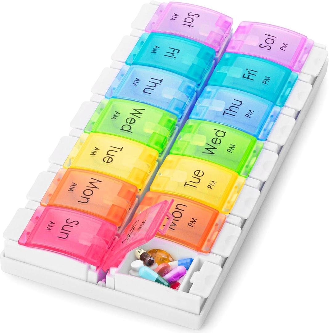 Pill Box Organizer (Rainbow), 7-Day 2 Times a Day Medicine Storage Case w/Spring Opening & Detachable Compartments, Weekly Tablet Pills Container for Vitamins, Supplements & Travel Medication