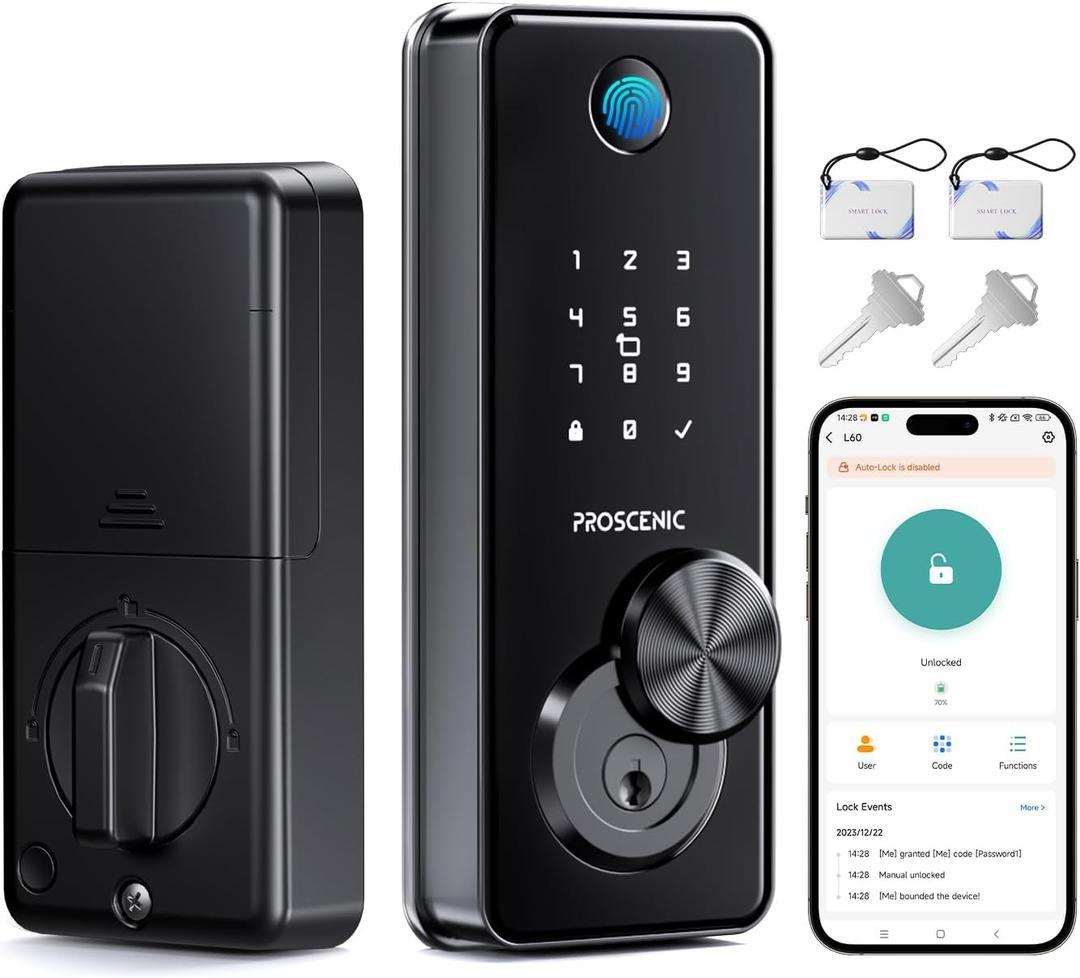 Proscenic L60 Smart Lock [Zinc Alloy IPX5 Weatherproof] Fingerprint Keyless Entry Door Locks for Front Door, Electronic Digital Deadbolt with App Control, Keypad Code, 2 Keys & Fobs, 1-Year Battery