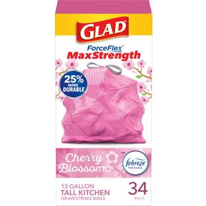 Glad Tall Kitchen Trash Bags 13 Gallon, MaxStrength Cherry Blossom Garbage Bags, Odorshield with Drawstring, 34 Count
