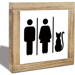 Bathroom Decor, Farmhouse Wood Sign with Featuring Patterns of Man Woman and Cat, Decorative Wooden Block Sign for Bathroom, Home Decor Gift for Friends Cat Lovers Family 5.9X5.9X0.7inches (Style 01)