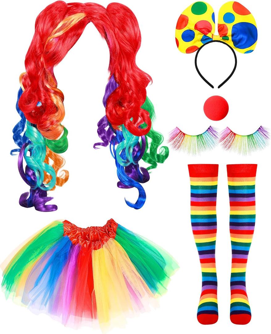 6 Pcs Women Clown Costume Rainbow Wig Tutu Skirt Eyelashes Clown Nose Socks for Halloween Party (Large)