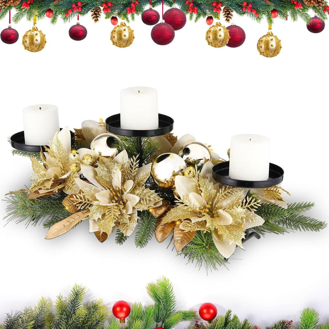 Christmas Table Centerpieces Decoration with 3 Candles Holders Gold Poinsettia Berries Pinecones Artificial Leaf Spray Christmas Balls Ornaments for Xmas Kitchen Tables Mantle Decorations