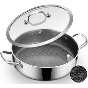 Inqibee 5 QT Hybrid Tri-Ply Stainless Steel Ceramic Non Stick Saut Pan with Lid,Induction Cooking Pot,Large Skillet,Dishwasher and Oven Safe