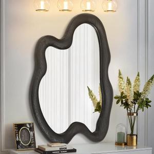 AAZZKANG Irregular Wall Mirror 28"x20" Black Asymmetrical Modern Wood Frame Mirrors Large for Bathroom Bedroom Living Room Entryway