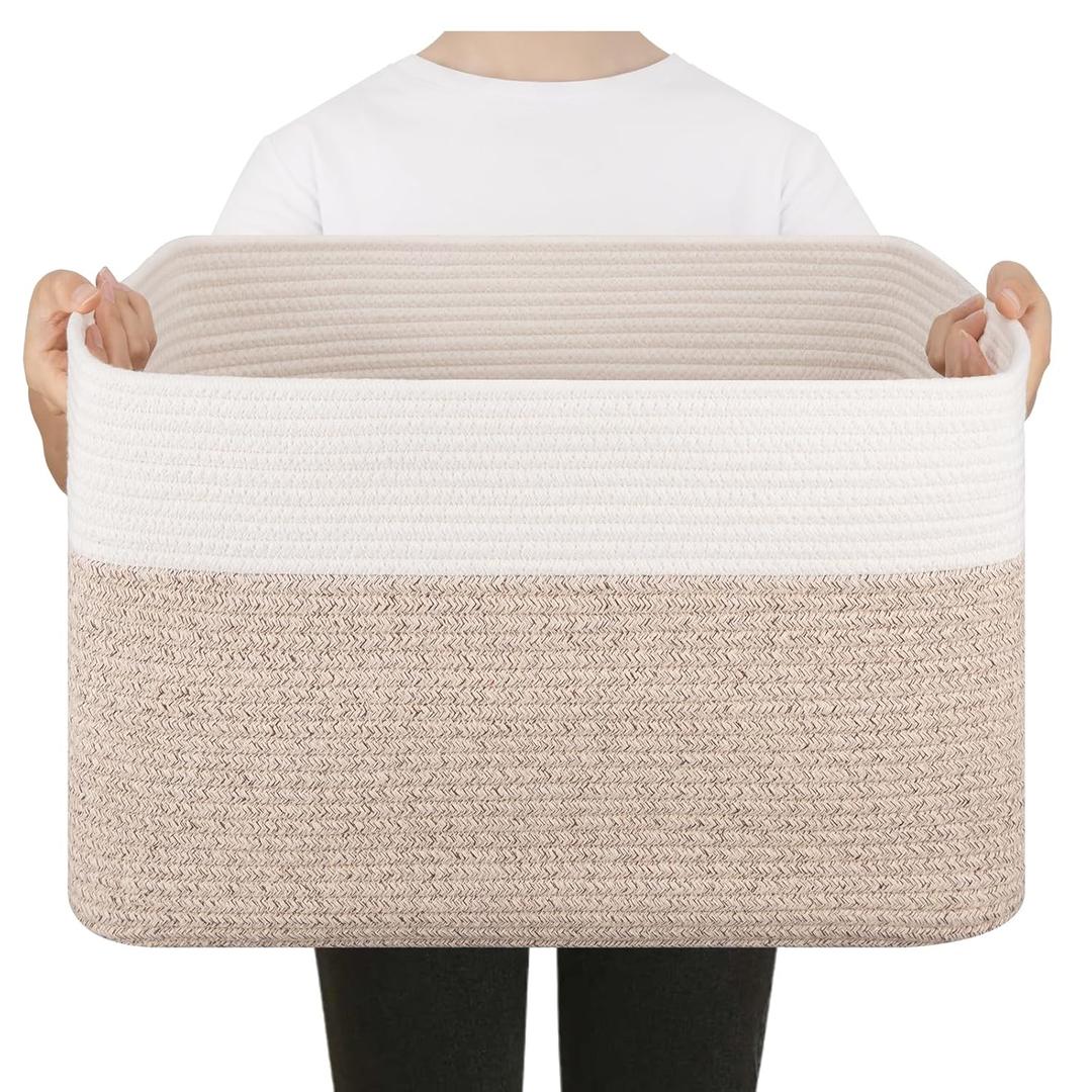 Blanket Basket, Cotton Rope Woven Storage Basket for Living Room, Toy Bin for Kids, Nursery, Baby Room Decorative Organizer, 18''14''12'', Brown & White (50L)