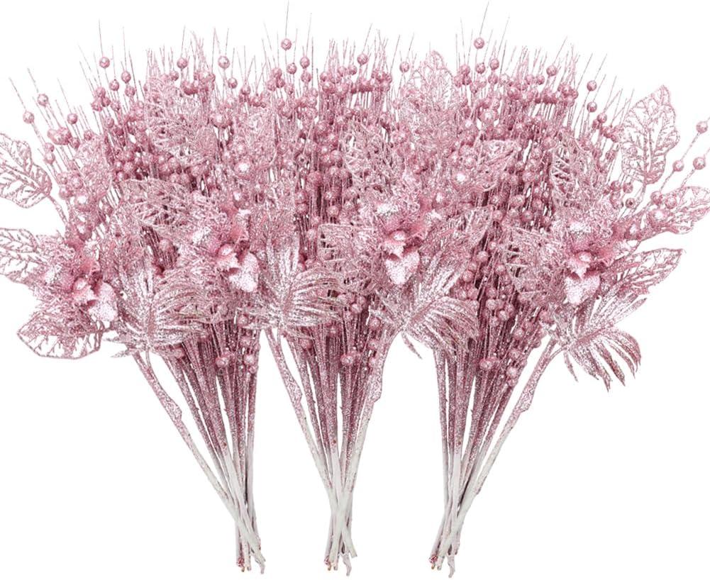 ROSELEAF 28 Pack Christmas Tree Picks and Sprays, Pink Christmas Ornaments Artificial Glitter Berry Flowers Stem Branches Ornaments for Christmas Tree Gift Small Vase Home Holiday Wedding Party