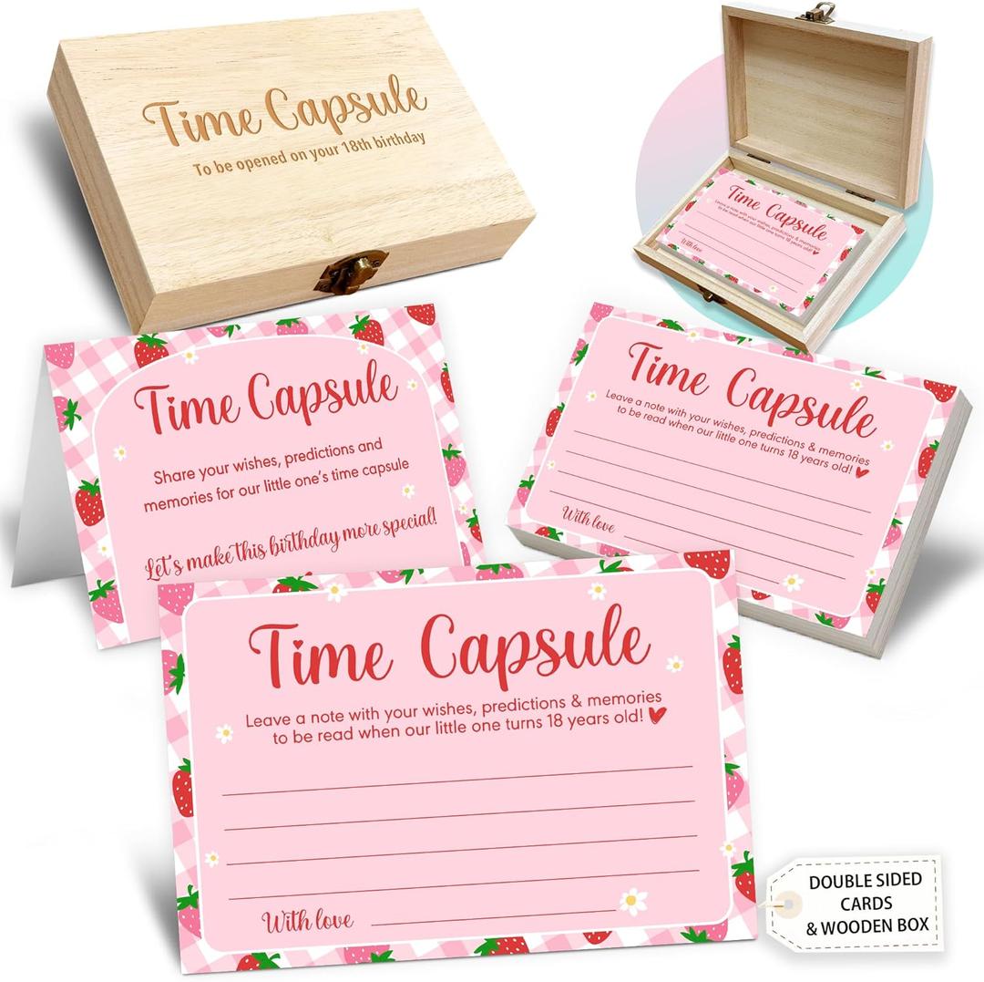 Time Capsule Box 1st Birthday, Baby Time Capsule Box for First Birthday Party Games, Set of 50 Wishes Card Gifts Keepaske Decorations for Baby(Cute Strawberries) -A03 (Pink)