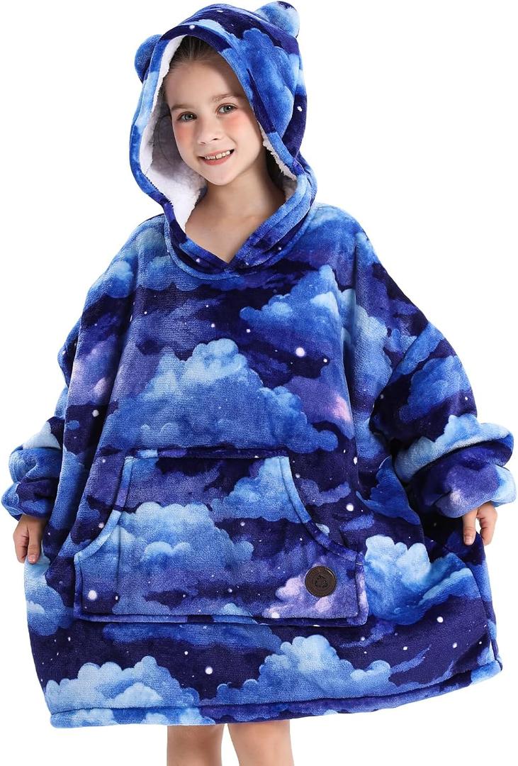 THREE POODLE Wearable Blanket Hoodie for Kids, Oversized Sherpa Sweatshirt Blanket with Giant Hood, Warm Cozy Hooded Blanket, Cute Gifts for Kids Girls Boys (Cloudy Sky), Kids