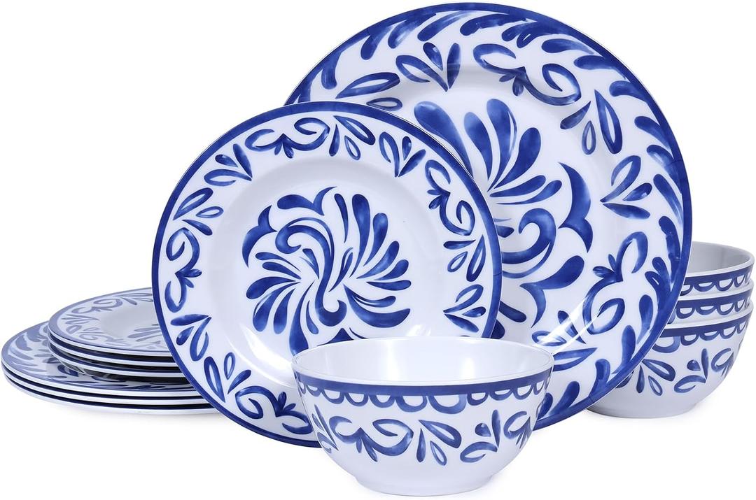 12-Piece Melamine Plates and Bowls Set - Blue & White Dinnerware Set， Service for 4, Lightweight Melamine Dishes Set for Indoor and Outdoor Use，Artistic Blue Floral