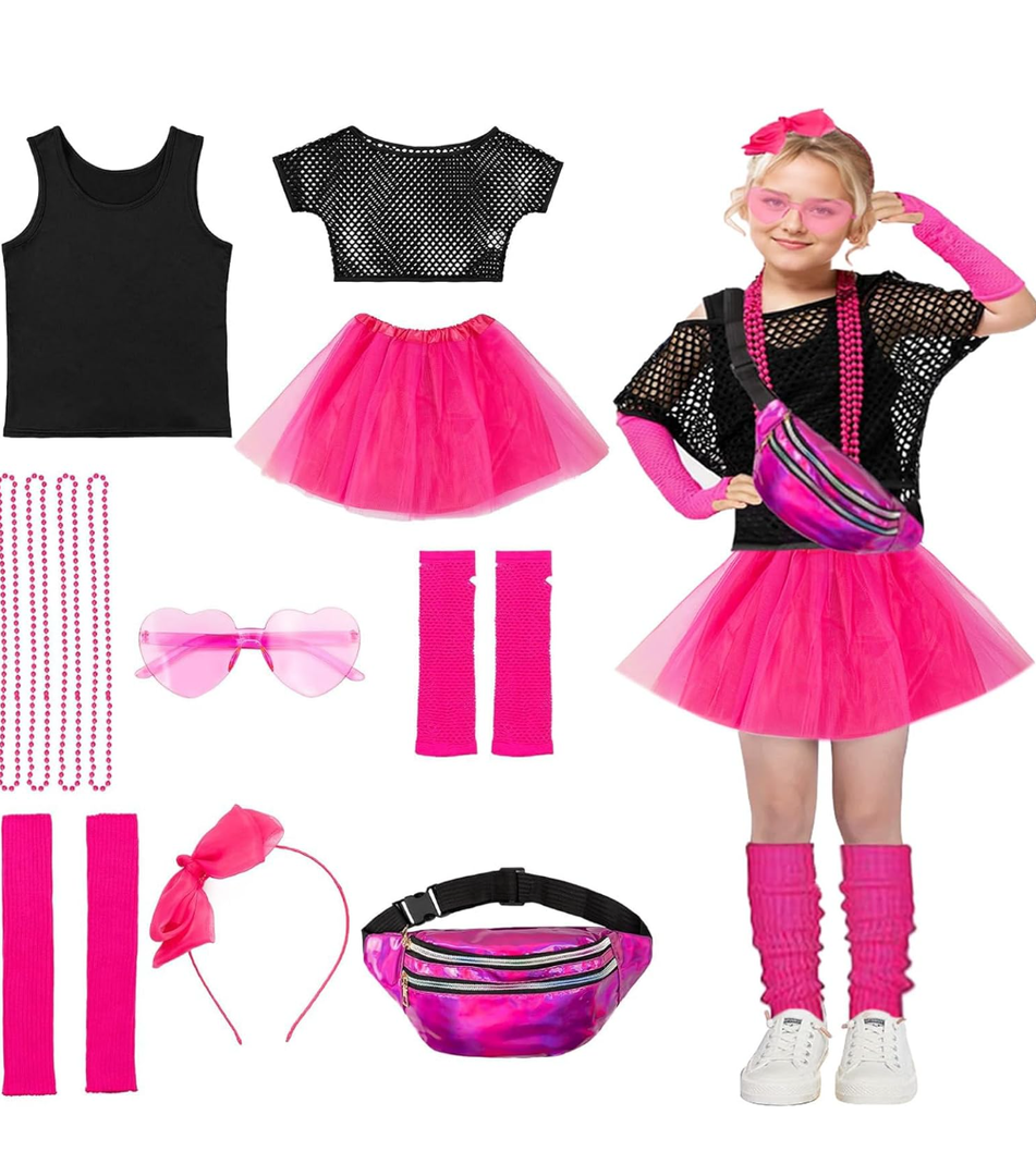 Fairycece Girls 80s Costume 5-10 Halloween 80 Theme Party Outfit Accessories Set, S, glasses and headband are not included