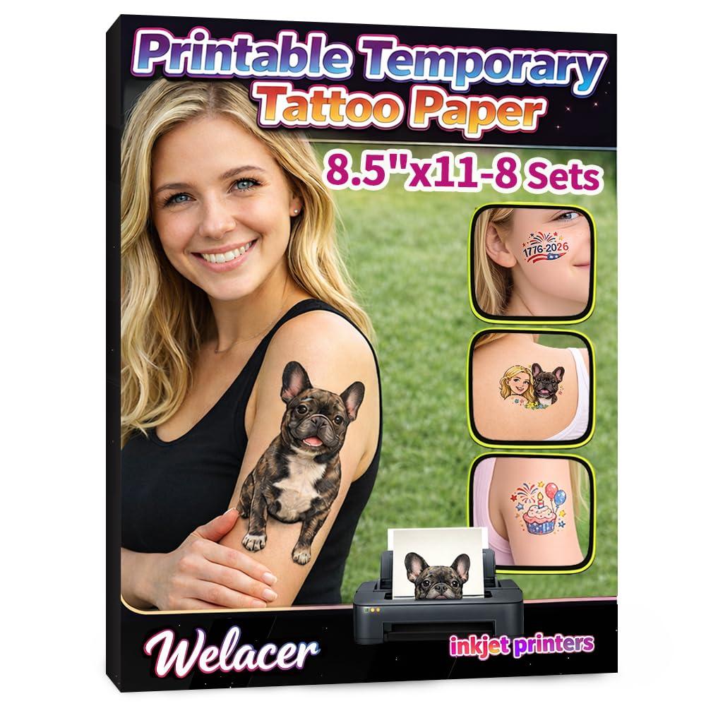 8 Sheets Printable Temporary Tattoo Paper for Inkjet Printer - 8.5 x 11 in DIY Custom Temporary Tattoos with Vibrant Color Prints for Mother's Day, Kids & Adults