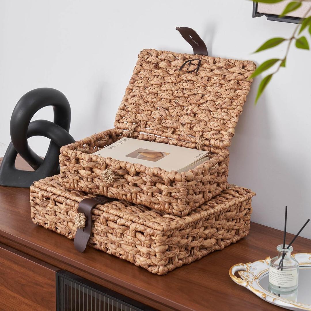 Wicker Storage Basket with Lid, 2-Piece Set Decorative Box with Lid, Water Hyacinth Woven Decorative Box for Shelf, Coffee Table, Console Table, Home Decor