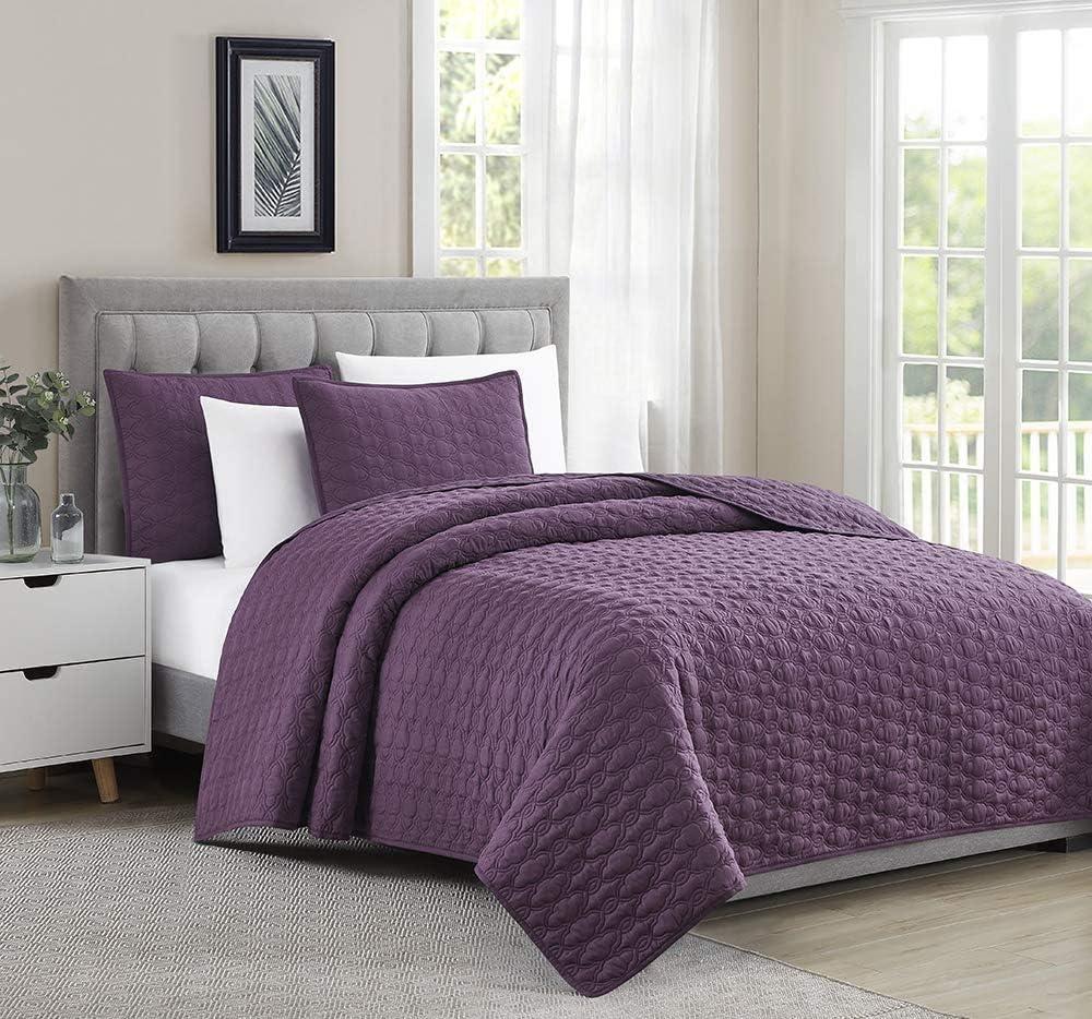 BOURINA Quilt Set Coverlet Set Quilting Bedspread 3-Piece Quilt Set Microfiber Lightweight, King 108 x 92 inches Purple