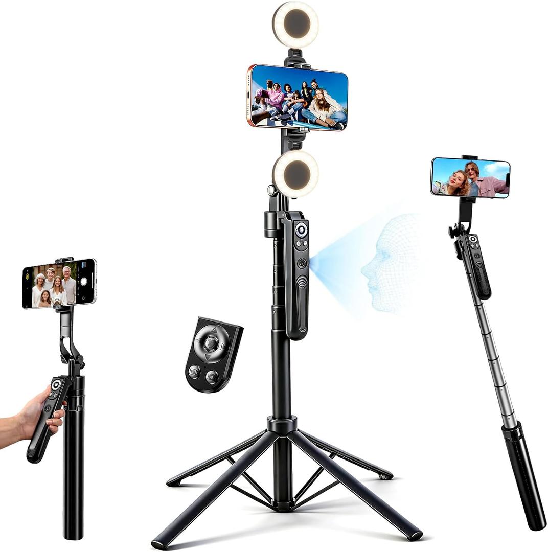 Auto Face Tracking Selfie Stick Tripod for iPhone with Light 360 Rotation That Follows Your Movement 70.9" Camera Tripod Stand with Remote for Content Creator Vlog Live Stream Video Recording