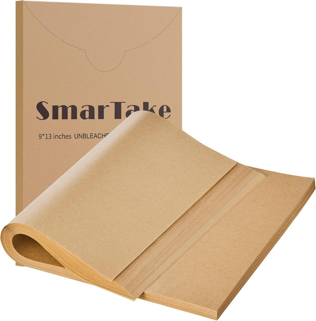 SMARTAKE 200 Pcs Parchment Paper Baking Sheets, 9x13 Inches Non-Stick Precut Baking Parchment, for Baking Grilling Steaming Bread Cup Cake Cookie and More (Unbleached)