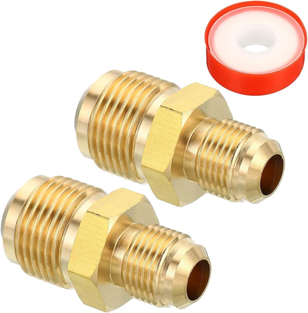 PATIKIL 3/8 SAE Male x 5/8 SAE Male Brass Tube Coupler, 2 Pack Pipe Fitting Thread Gas Adapter Flare Connector Union Coupling with PTFE Tape for HVAC Fuel Oil Air Gas Line Connection