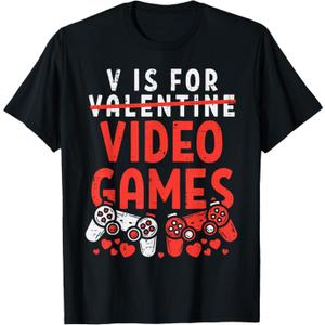 V is for Video Games Funny Valentines Gamer Boy Men Kids T-Shirt, M