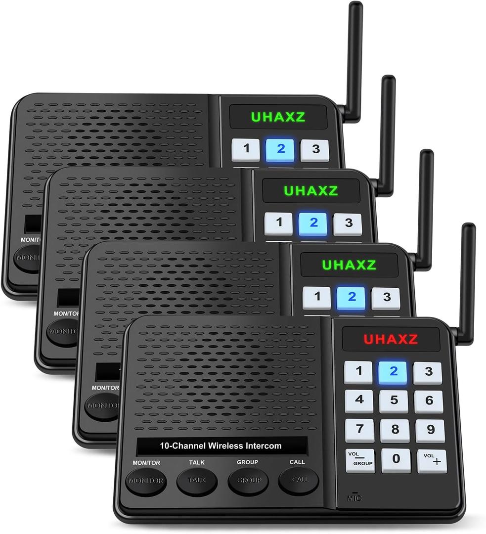 Intercoms Wireless for Home, Long Range Intercom 6000ft, Home Intercom System Wireless with Group Call, 10 Channel, 8 Volume Levels Intercom System for Business Office Elderly(4 Packs)