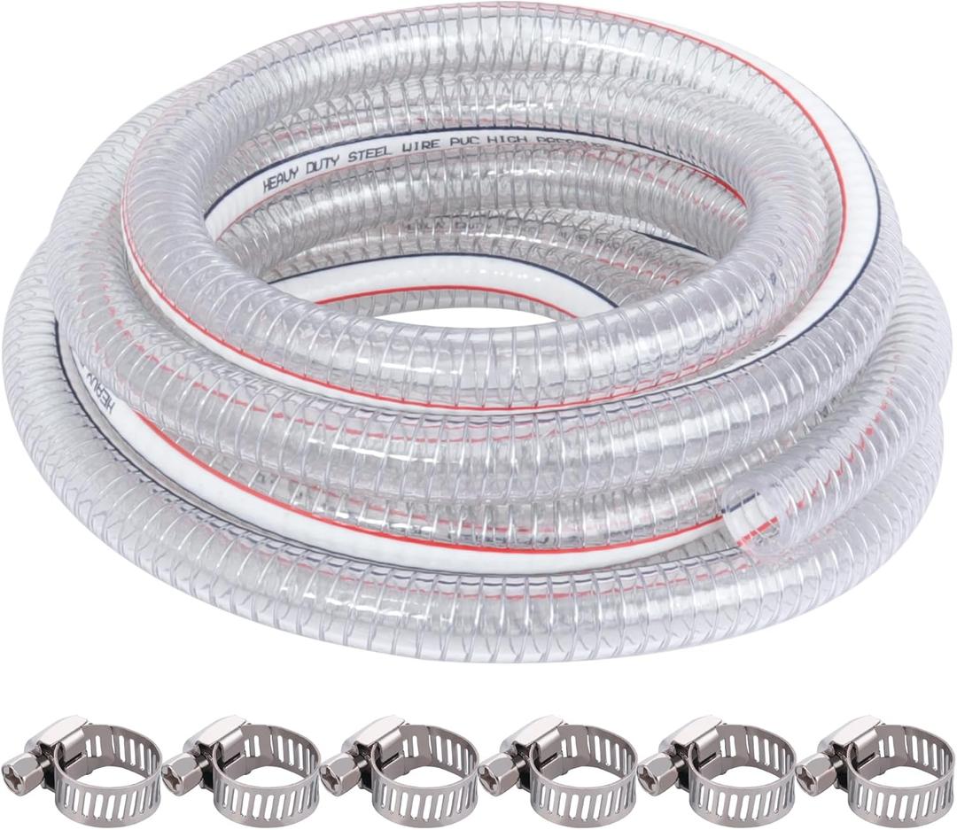 20FT 1" ID x 1.25" OD Steel Wire Suction Hose PVC Reinforced Tubing High Pressure Flexible Vinyl Hose Heavy Duty Clear Vacuum Suction Tube for Dust Collection Drain Fuel