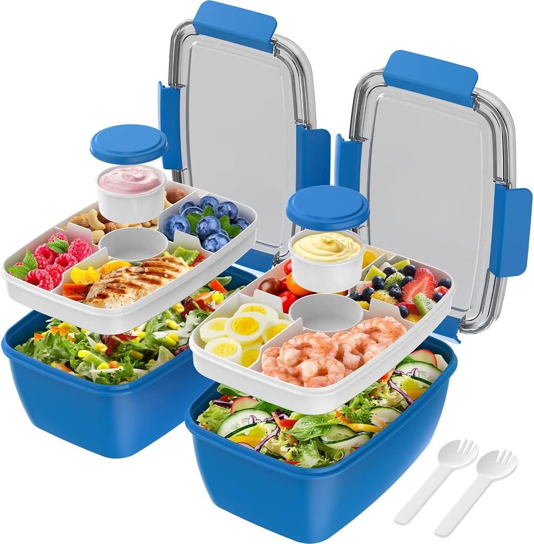 Cherrysea 2Pack Salad Lunch Container, 68oz Salad Bowls with 4 Compartments Tray,Leak Proof Lunch Box with Fork for Men,Women BPA-Free Snack Box with Sauce Container for Dressings - Blue