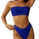 ZAFUL Women Strapless Textured Bandeau Bikini 2 Piece Swimwear Cheeky Solid Lace up Bathing Suits(1-Royal Blue,M)