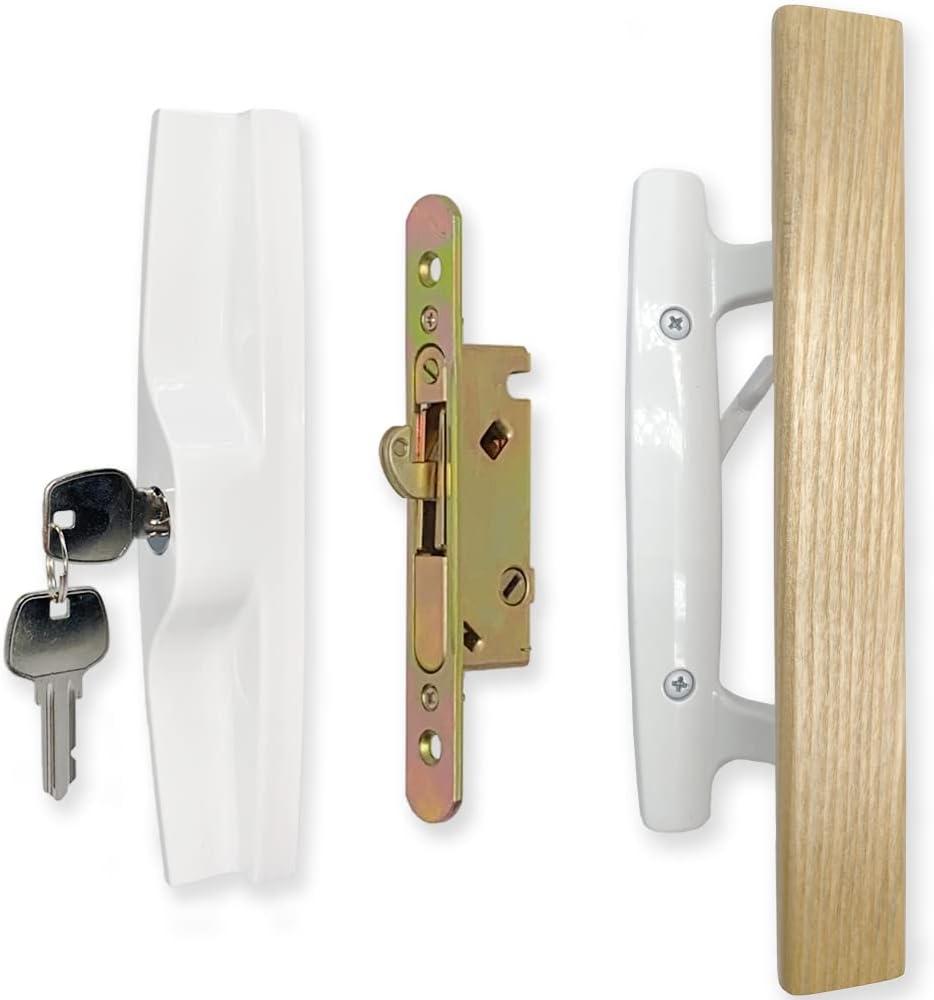 Sliding Patio Door Handle Set with Mortise Lock, Key Cylinder and Face Plate, Wood Handle Lock Set Fits Door Thickness from 1-1/2" to 1-3/4", 3-15/16" Screw Hole Spacing, White (with Key + no Keeper)