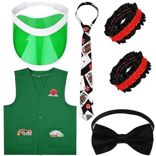 Kavoc 6 Pcs Casino Dealer Costume Set Dealing Visor Hat Vest Bowtie Armband Poker Necktie for Adults Las Vegas Game Night Party