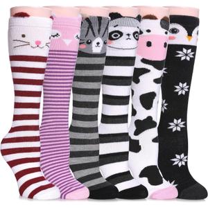 FNOVCO Girls Knee High Socks Kids Crazy Fun Gift Cute Animal Patterns Cotton Long Socks 6 Pairs (3-12 Years)