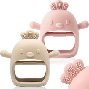 2 Packs Baby Teething Toy for 0-6 6-12 Months, Food Grade Silicone Teething Mitten, Anti Dropping Wrist Hand Teethers Baby Chew Toys for Sucking Needs, BPA Free (Pink & Caramel)