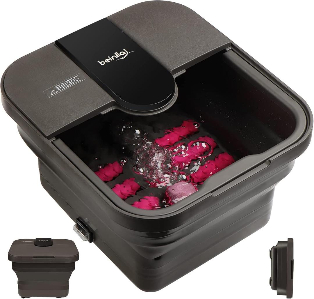 Beinilai Collapsible Foot Spa,Foot Bath with Heat and Massage and Bubble Jets,Foot Soak Tub with Six Non Motorized Rollers,Acupressure Massage Points,Red Light and Removable Pumice Stone (Dark Grey)
