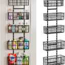 Adjustable Over The Door Organizer, Metal Hanging Door Organizer with 5 Wire Basket 7 Hooks, Wall Mounted Shelf for Pantry Laundry Organization and Storage, Black (6-Tier)