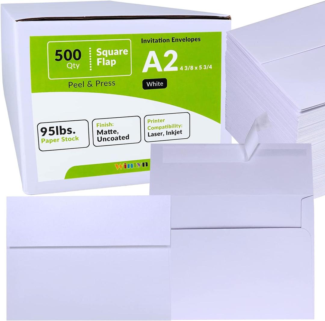 500 Pcs Bulk A2 Invitation Envelopes in White Peel & Press Self Seal 4 3/8 x 5 3/4 Square Flap Envelopes RSVP Return Envelopes 95lb. for Announcement Mailing 4x5 Greeting Cards Photo 1/4 Fold Cards