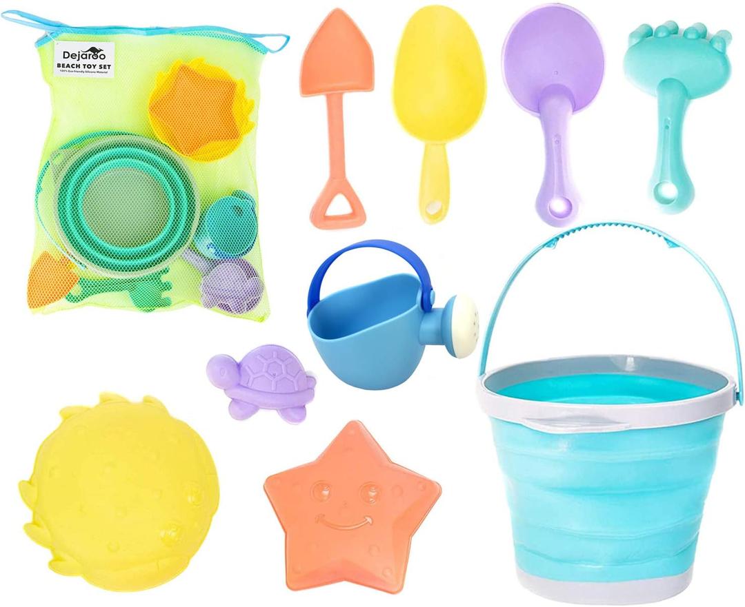 Dejaroo - Beach Toys, Sand Box Toys for Kids Outdoor, Set of Sand Toys with Silicone Collapsible Bucket, Kids Watering Can, Shovels, & A Variety of Molds, Includes Storage Pouch, 9-Piece Set
