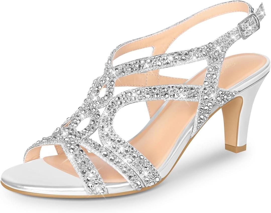 PIZZ ANNU Women's Amelia Heels Sandals Sparkle Crystal Open Toe Slingback High Heel Sandals Dress Pumps Shoes for Party Wedding, US 8.5
