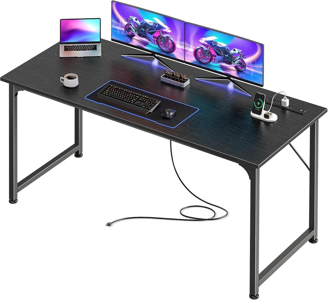 PRAISUN 55 X 20 Inch Office Computer Desk with Power Outlets and USB-C Port, Larger and Longer Gaming Desk, for Home Office, Study, Bedroom, Writing Work from Home Table, Metal Frame, Black