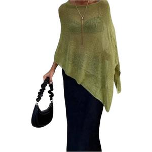 SHENHE Women's Sheer Poncho Shrug Top Lightweight Flowy Knit Sweater Poncho Pullover (Green)