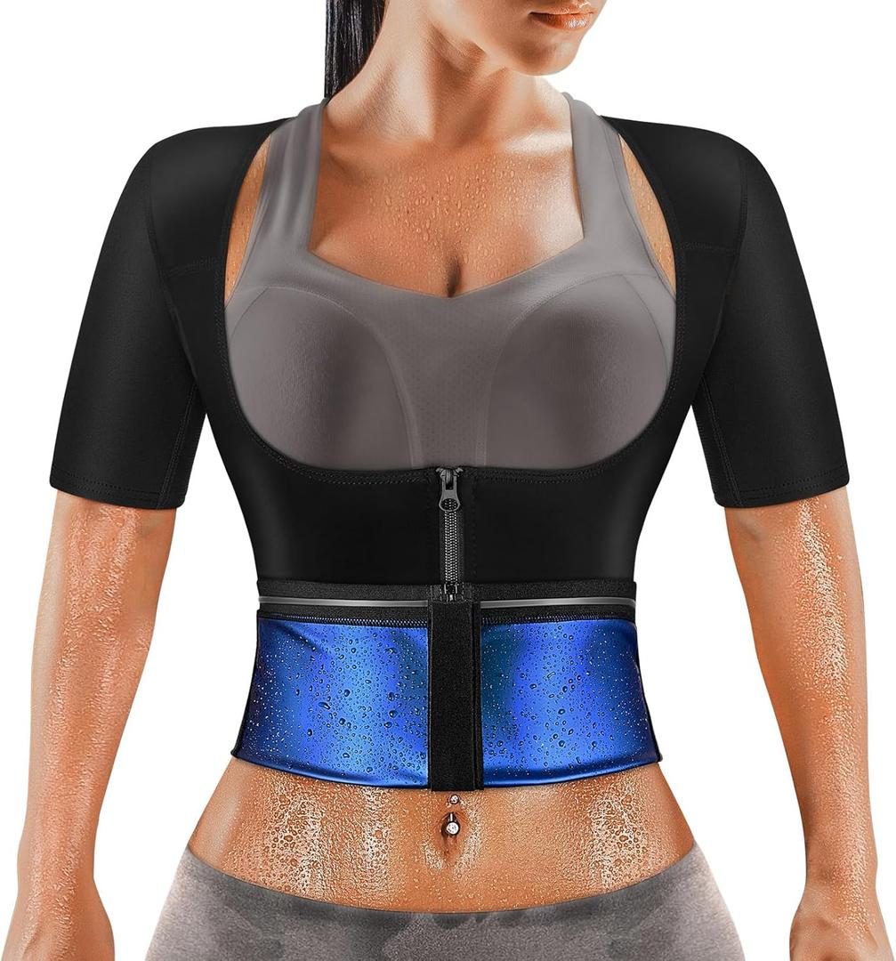 MATKAO Sauna Suit for Women Weight Loss Sauna Shirt for Women Sweat Suit Waist Trainer Vest Fitness Body Shaper Zipper (Large, Blue)