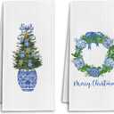 Chinoiserie Christmas Tree Blue Bow Wreath Kitchen Towels, Merry Christmas Dish Tea Towels for Kitchen, Grandmillennial Xmas Decorative Hand Towel for Bathroom, 16x24 Inch Set of 2