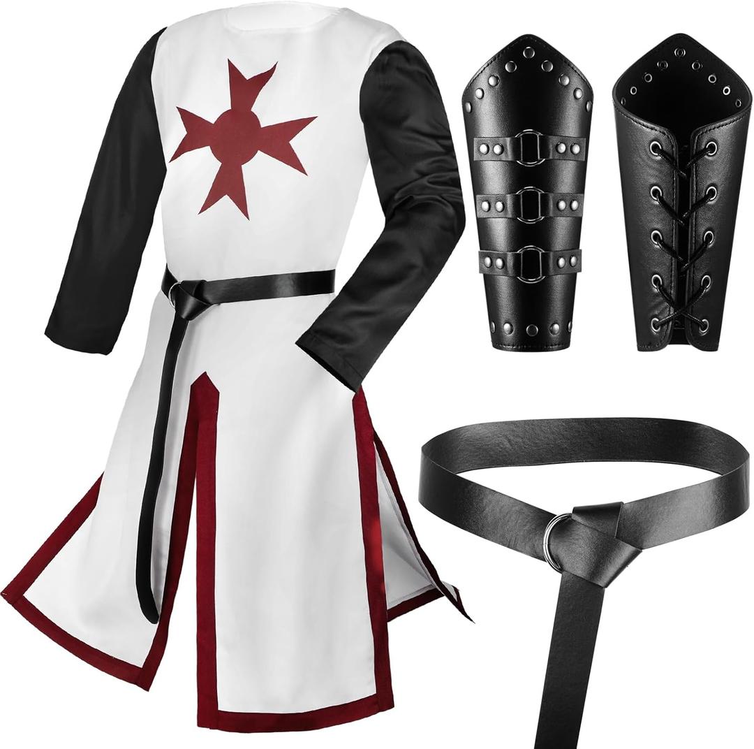 Hicarer Medieval Crusader Knights Halloween Men's Tunic Renaissance Costume Set Viking Belt for Warrior Knight Cosplay (Large, Red)