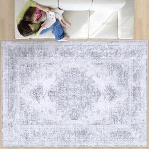 Area Rug 8x10 Living Room Rug, Machine Washable Vintage Distressed Medallion Rug Non-Slip Soft Low Pile Large Indoor Rugs for Bedroom Kitchen Dining Room Office (LightGrey,8'x10')