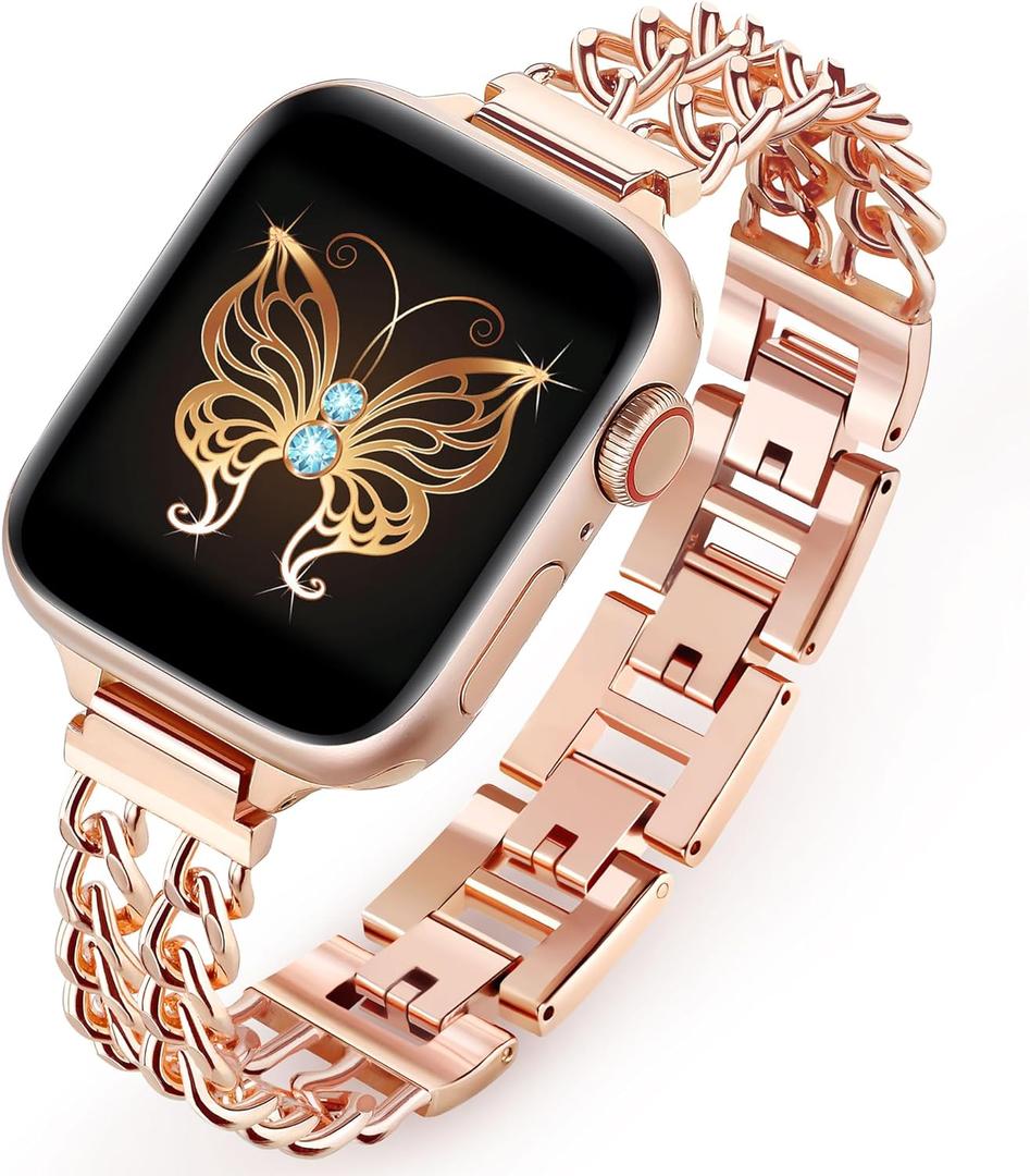 Slim Chains Bands for Apple Watch Bands for Women 42mm 41mm 40mm 38mm, Thin Metal iWatch Bands for Women, Dressy Skinny Metal Bands for iPhone Watch Bands Series 10 9 SE 8 7 6 5 4 3-Rose Gold