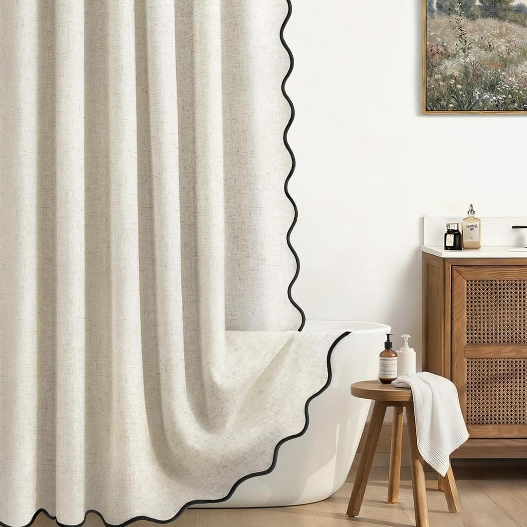 Linen Shower Curtain Flax Cream Cute Black Scalloped Boho Modern Shower Curtains for Bathroom Set, 72" W x 84" L