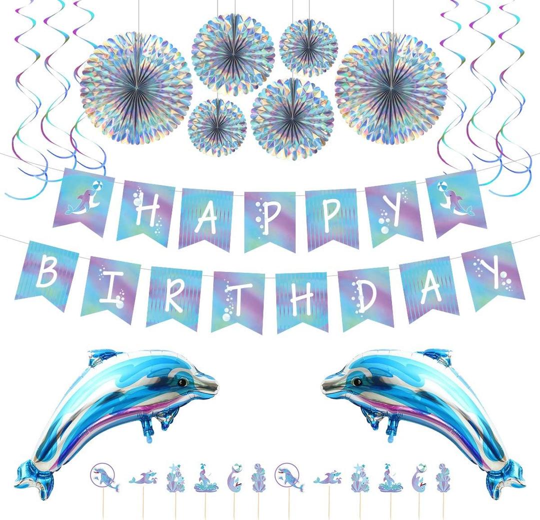 Dolphin Party Decorations Kit - Blue Ocean Theme Birthday Supplies with Balloons, Banner, Cupcake Toppers & Paper Fans for Kids and Adults