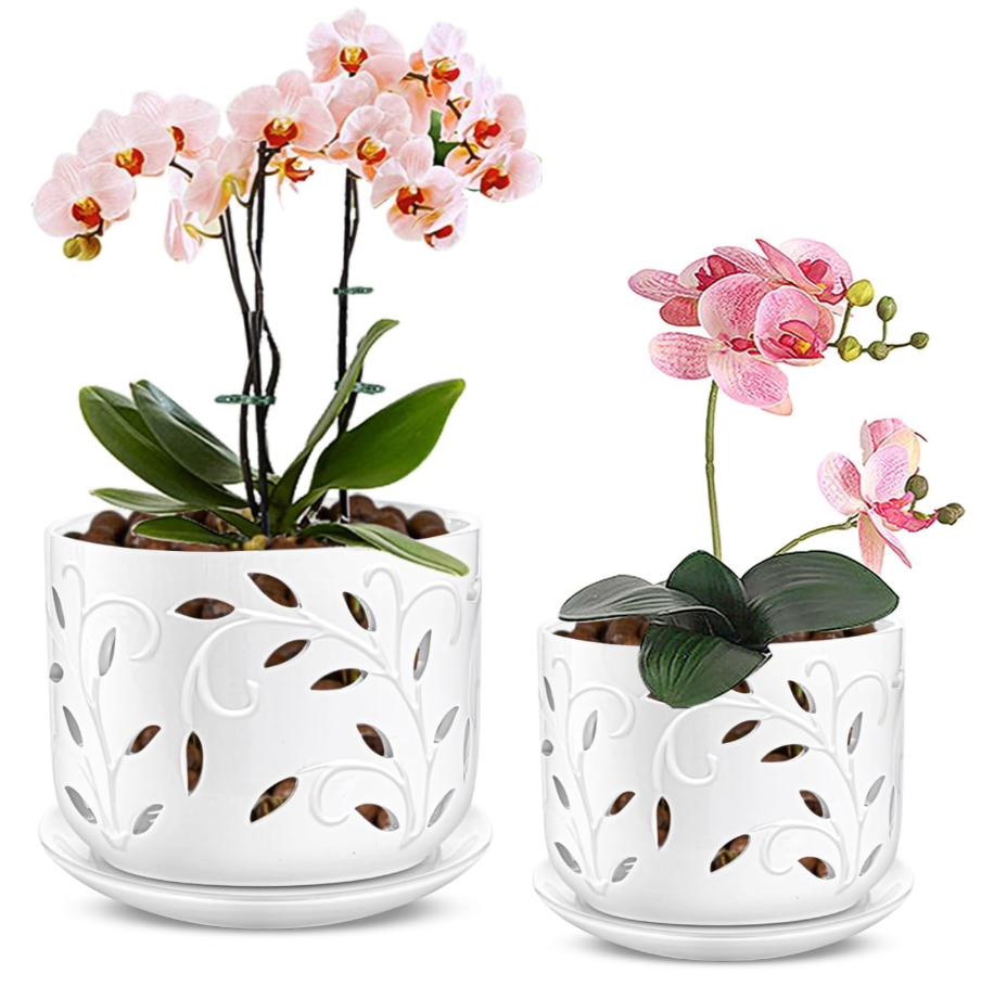 EFISPSS Ceramic Orchid Pots 5+6 Inch White with Drainage Holes & Tray, Breathable Airflow, Indoor & Outdoor