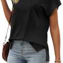 SAMPEEL Womens Summer Tops 2025 Cap Sleeve Trendy V Neck Loose Fit T Shirts (Black, L)