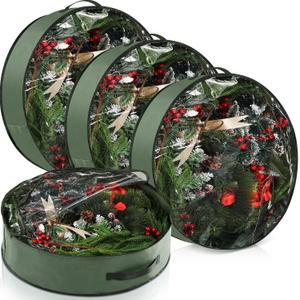 4 Pack Wreath Storage Container, 36 Inch Christmas Wreath Storage Box with Clear Window and Handles Upgrade Oxford Cloth Garland Bags with Dual Zipper for Xmas Wrapping, Green