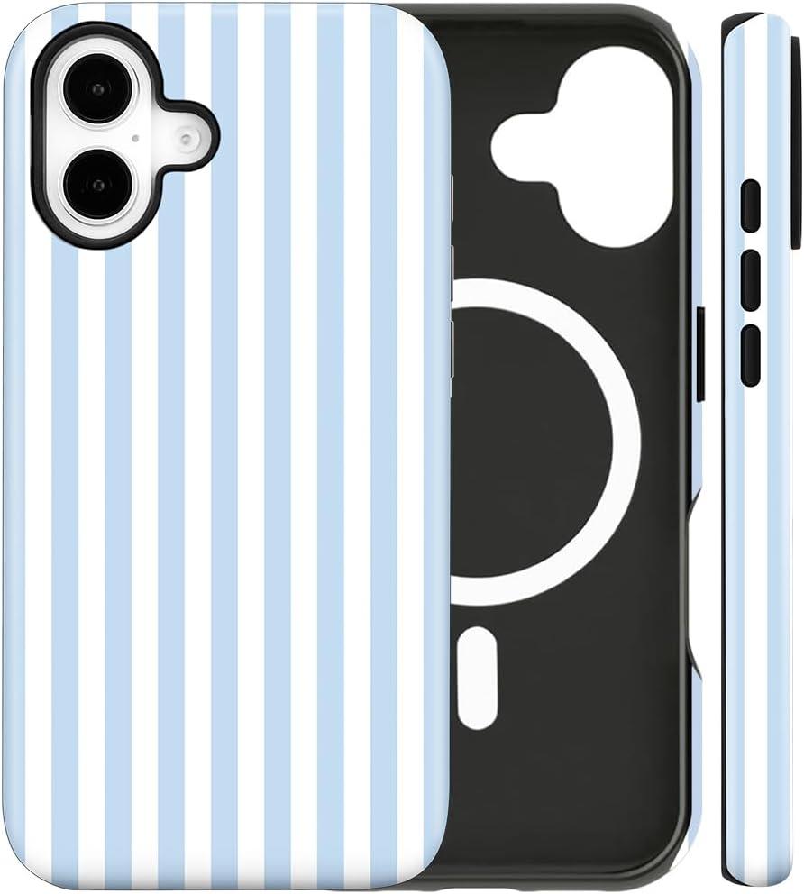 flewfun Magnetic for iPhone 17 Case Cute Stripes Phone Case, Shockproof Slim TPU and Hard PC Protective Phone Cover Compatible with MagSafe Designed for Women Girls, Blue and White