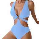 Favnac Women's Deep V Neck One Piece Swimsuit Sexy Cut Out Bathing Suit O-Ring Swimwear L